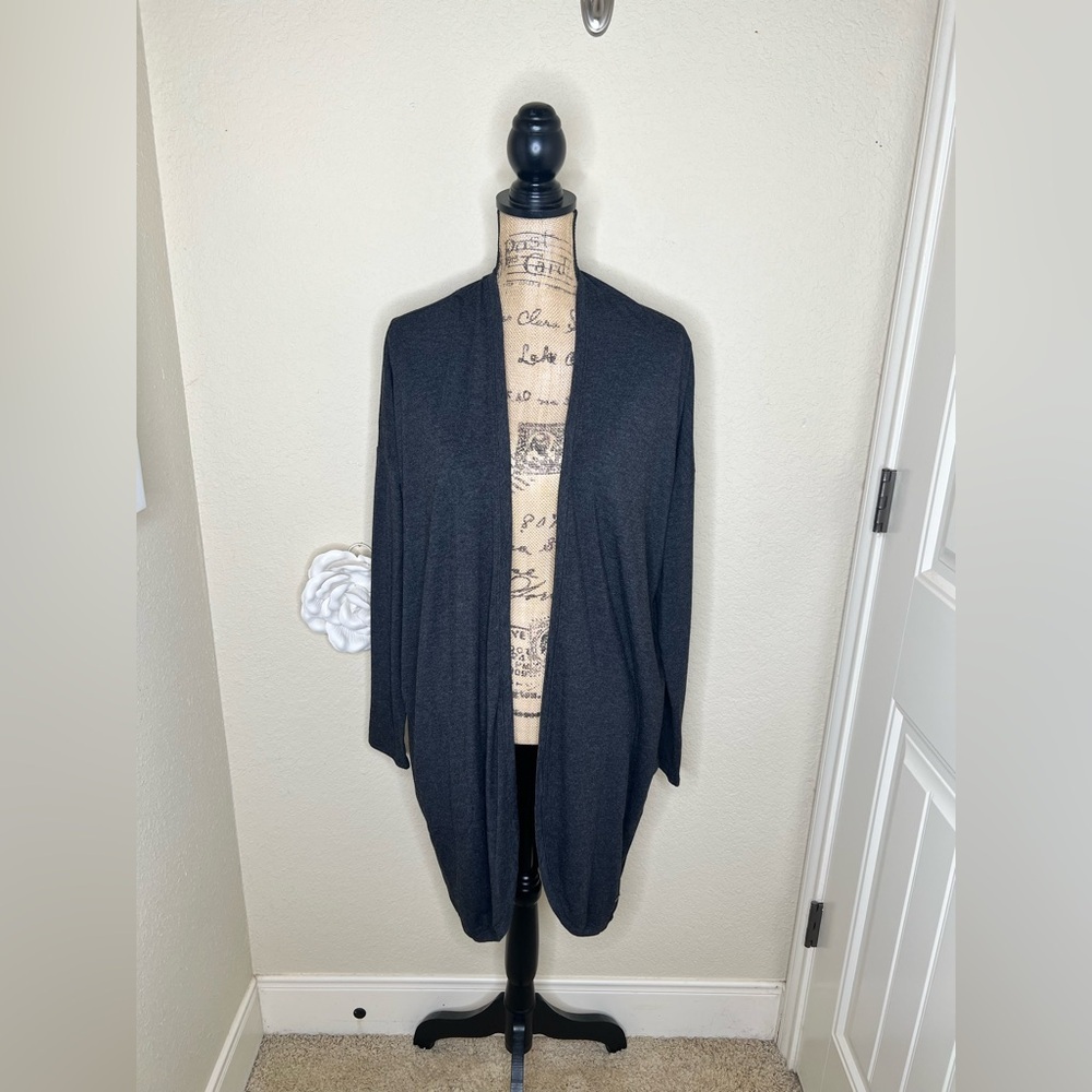 NTM: Life Is Good Heathered Charcoal Gray Long Open Front Cardigan Size M